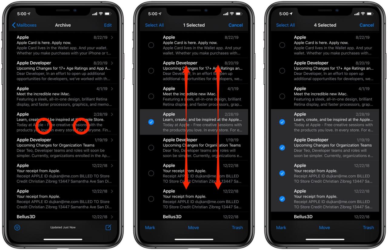 seleccione correos electrónicos con un toque de dos dedos en el iPhone