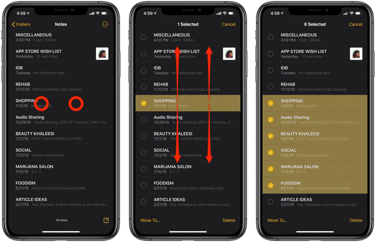 seleccione notas con un toque con dos dedos en el iPhone