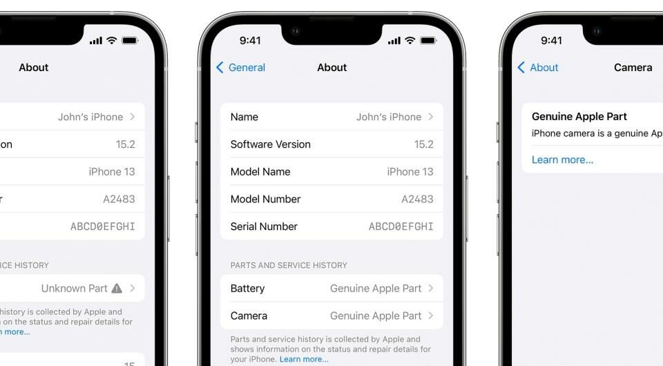 Tres capturas de pantalla que muestran la pantalla Historial de piezas y servicios en la aplicación Configuración del iPhone