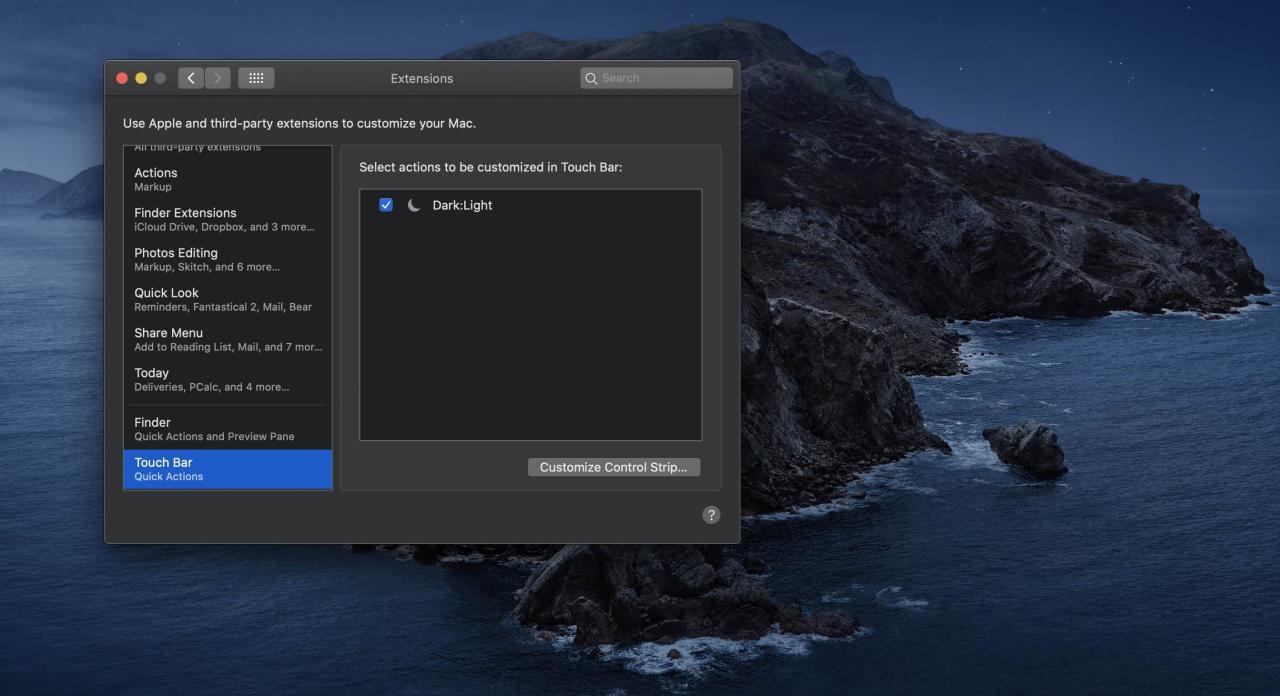 Barra táctil de modo oscuro