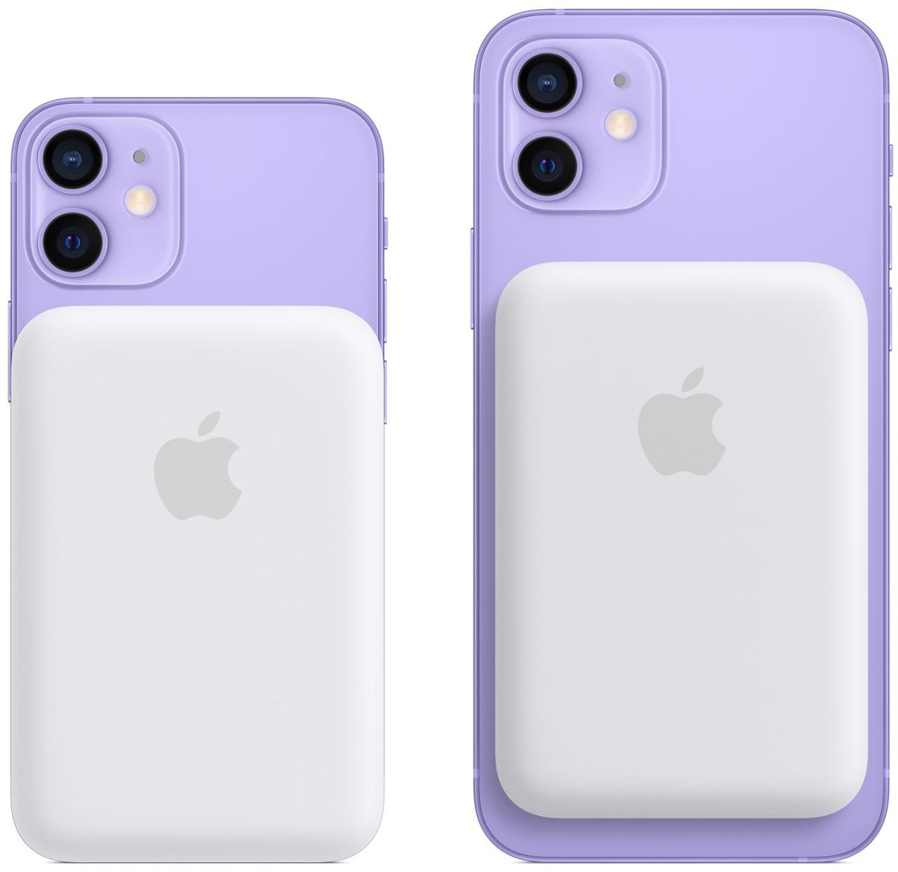 Gráficos promocionales que muestran la parte posterior del iPhone 12 mini y el iPhone 12 en púrpura con el paquete de batería Apple MagSafe conectado magnéticamente en la parte posterior