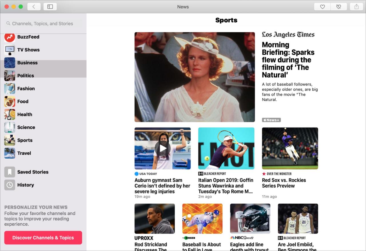 Aplicación Apple News en Mac Sports