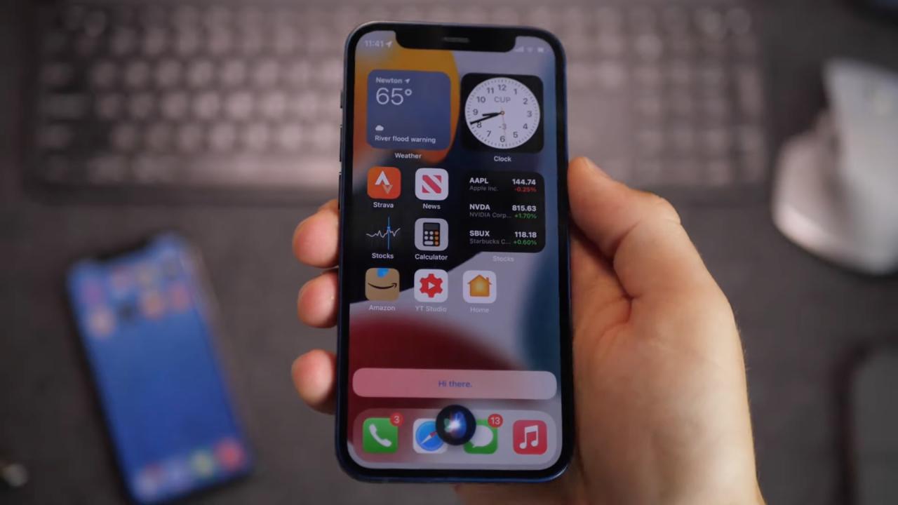 Una imagen que muestra un iPhone 12 sostenido en la mano con el orbe brillante en la parte inferior que indica la funcionalidad de Siri sin conexión