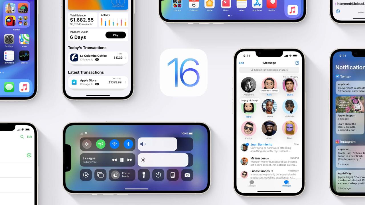 Este concepto de iOS 17 muestra varias capturas de pantalla de dispositivos iPhone en orientación vertical y horizontal que muestran características imaginadas