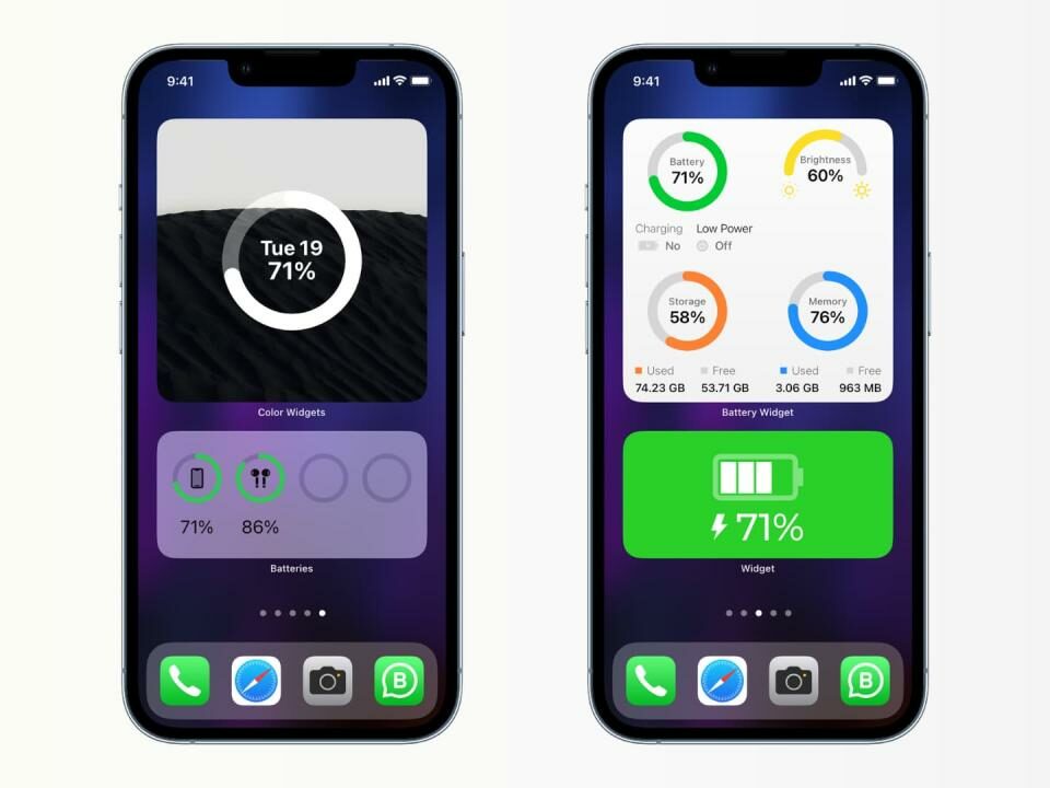 Diferentes tipos de widgets de batería en la pantalla de inicio del iPhone