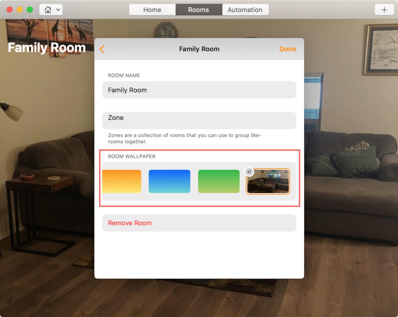 Cambiar el fondo de pantalla de la habitación de la aplicación Inicio Mac