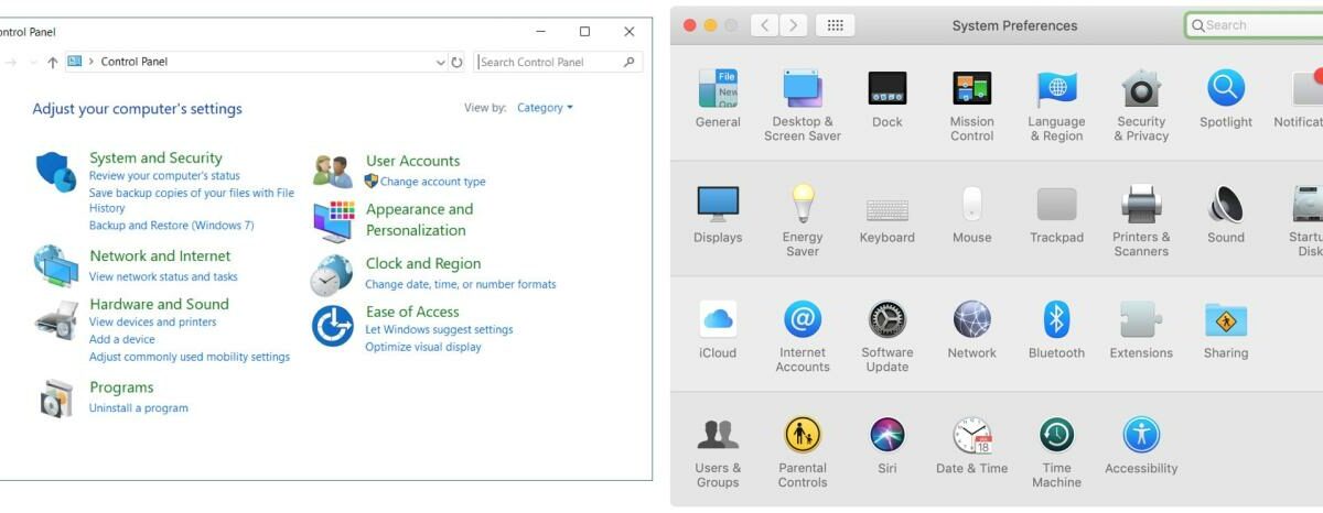 Panel de control vs Preferencias del sistema Windows Mac