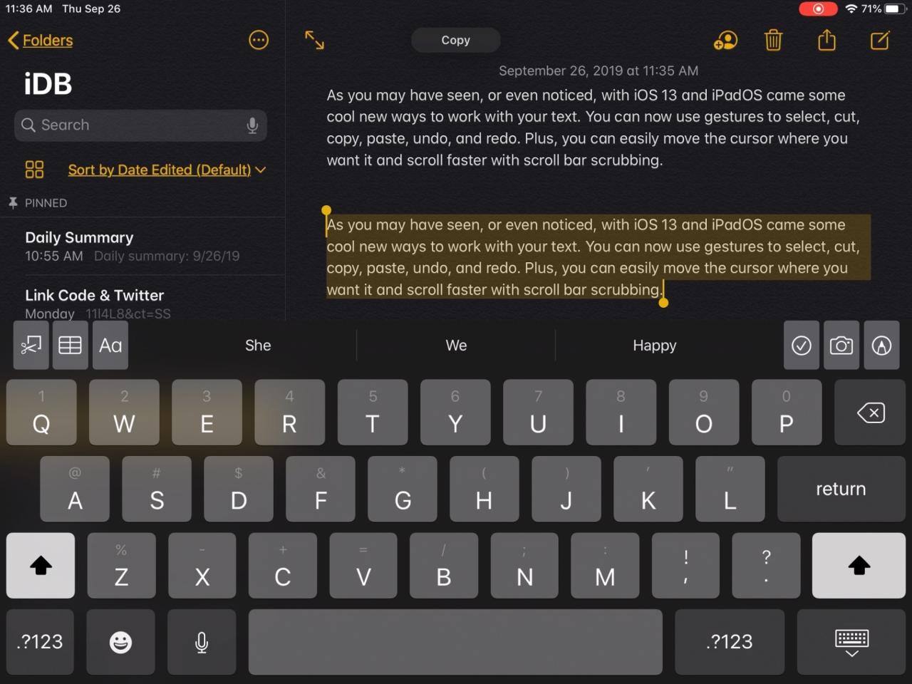 editar texto iphone y ipad - Copiar en iPadOS Notes