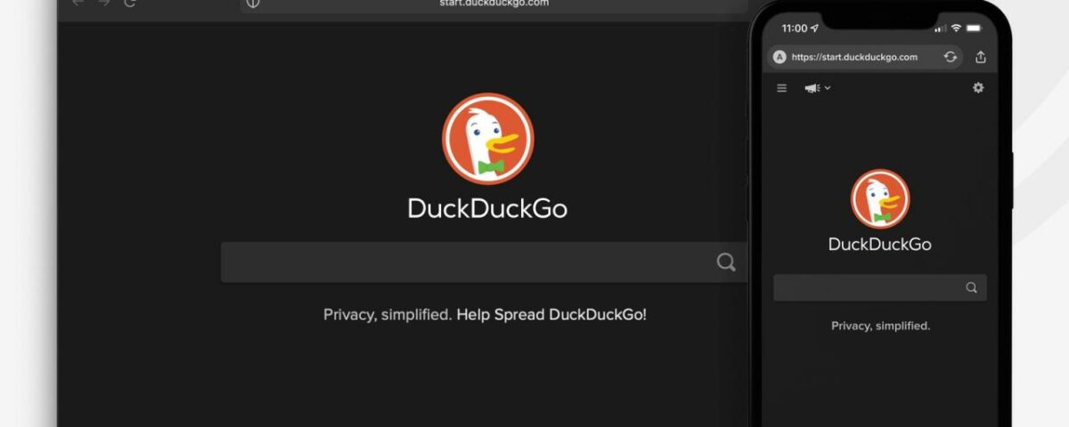 Imagen promocional que muestra el navegador DuckDuckGo en Mac y iPhone