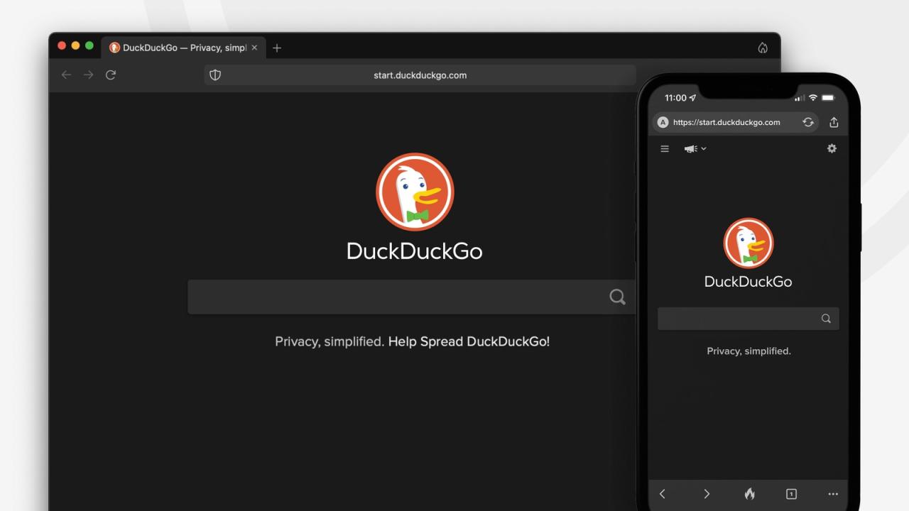 Imagen promocional que muestra el navegador DuckDuckGo en Mac y iPhone