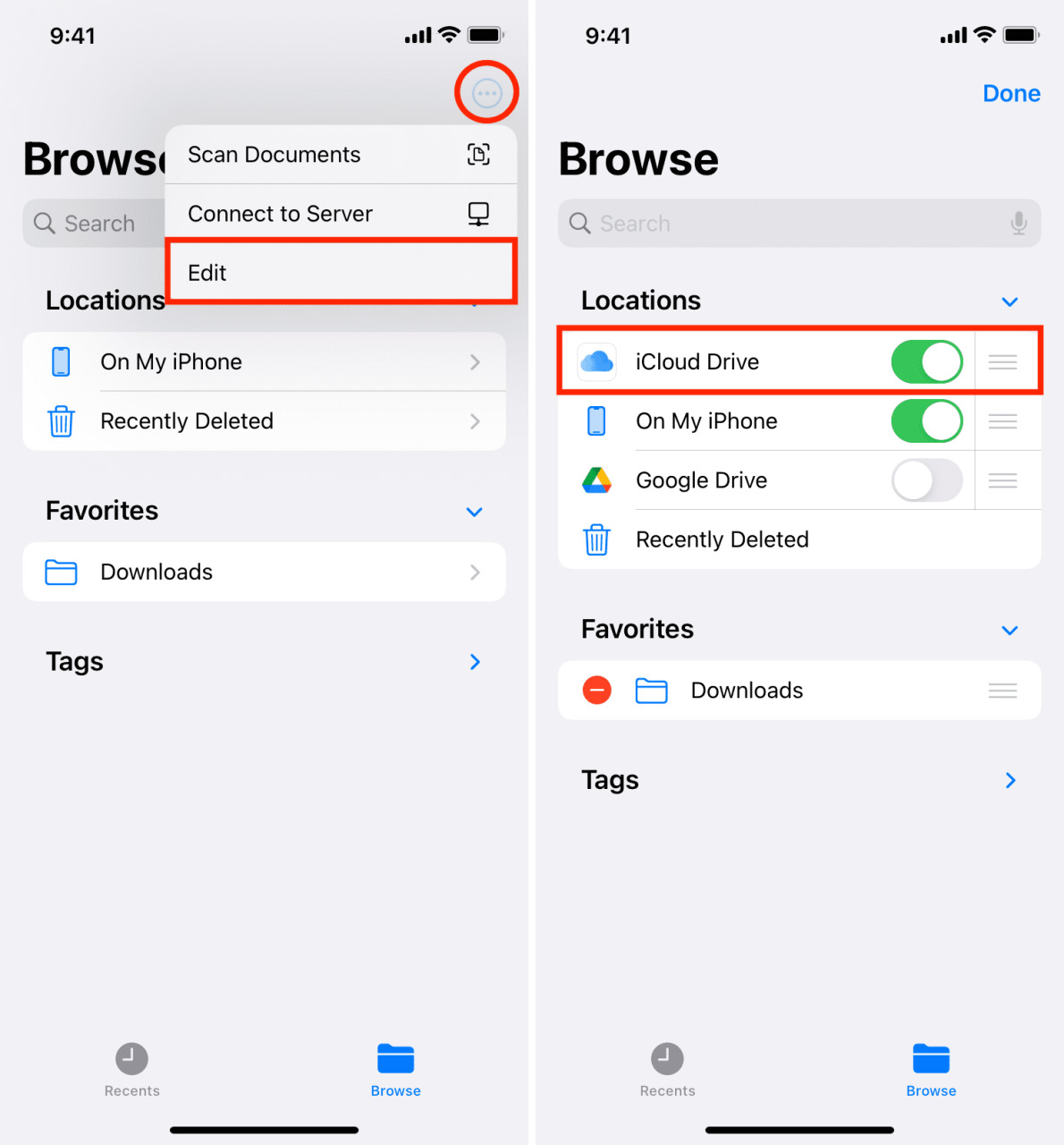 Habilite iCloud Drive en la aplicación de archivos de iOS