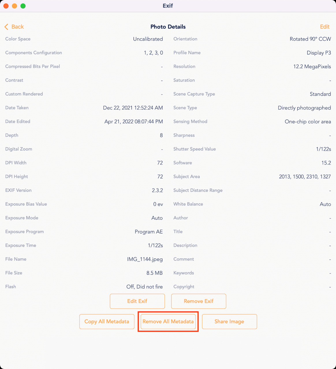 Aplicación Exif Metadata en Mac para eliminar información de fotos