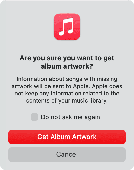 Obtenga la confirmación de la carátula del álbum en la aplicación Música en Mac