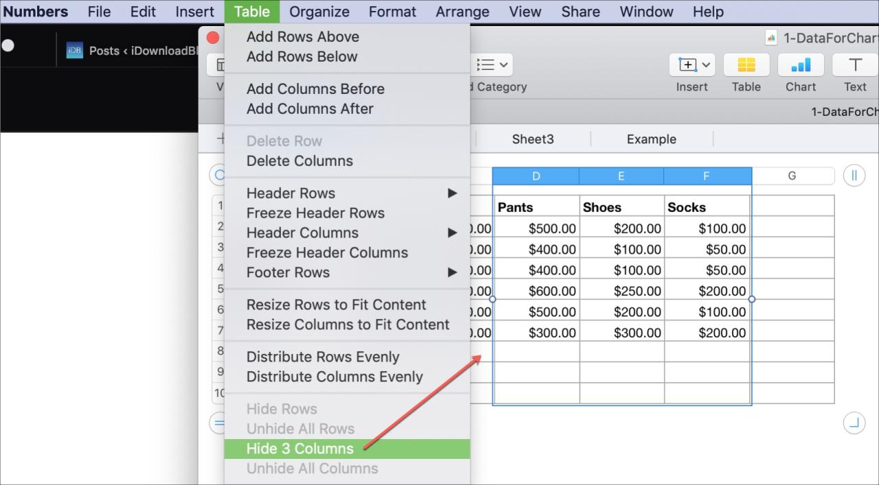 Ocultar columnas en Numbers en Mac