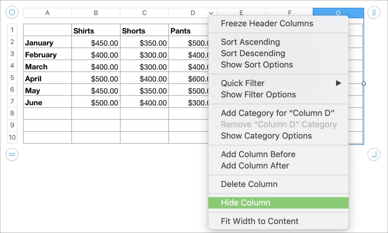 Ocultar una columna en Numbers en Mac