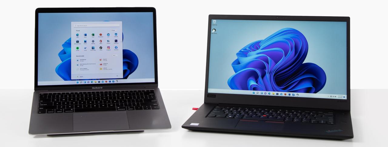 Marketing image showing using a MacBook Air as a secondary wireless display for Lenovo's Windows PC laptop with a little help from Astropad's Luna Display USB-C dongle