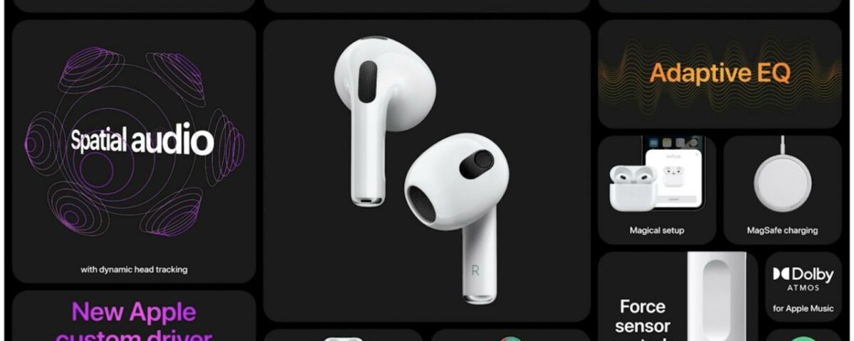Imagen de marketing de Apple que destaca las nuevas funciones clave de los AirPods 3