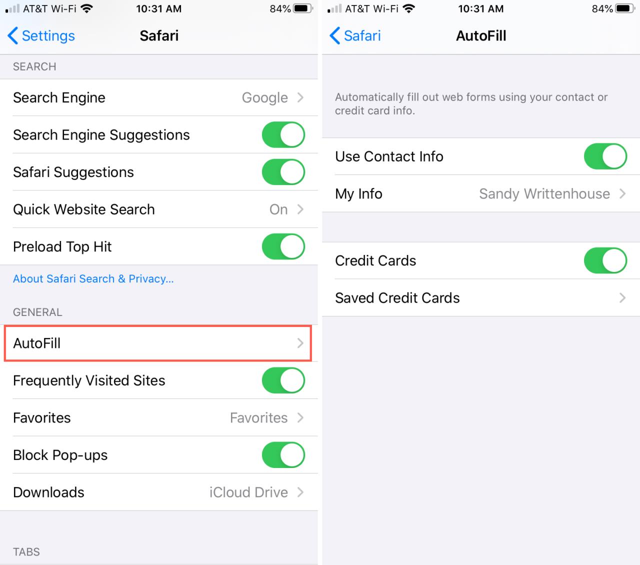 Autocompletar configuración de iPhone de Safari