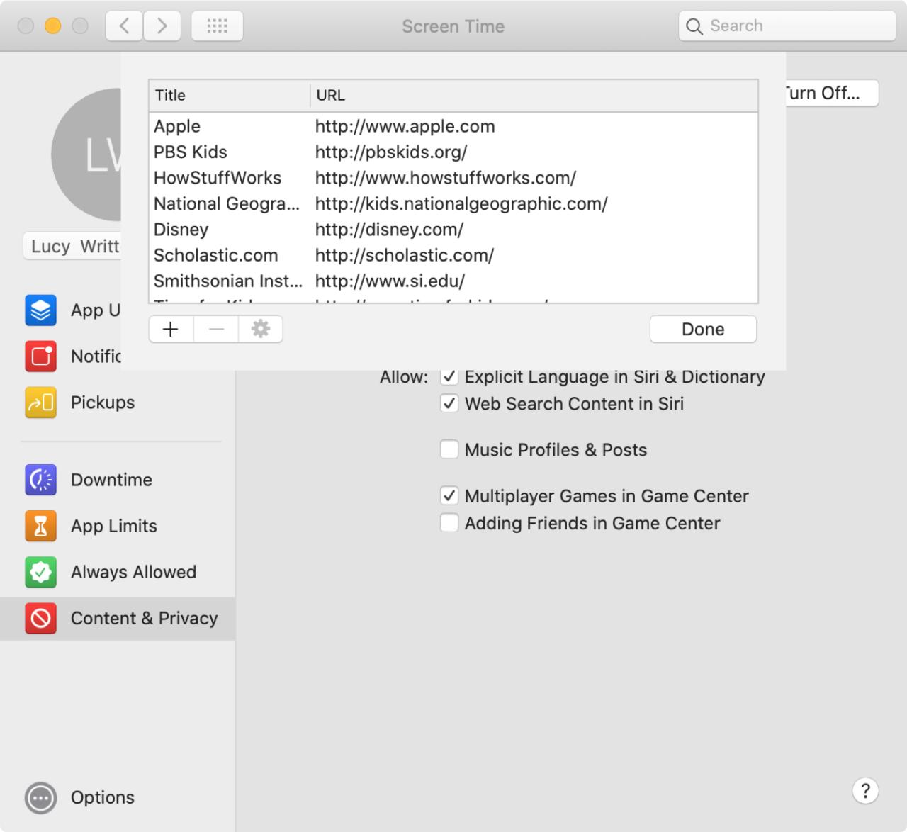 Tiempo de pantalla permitido Lista de sitios web Mac