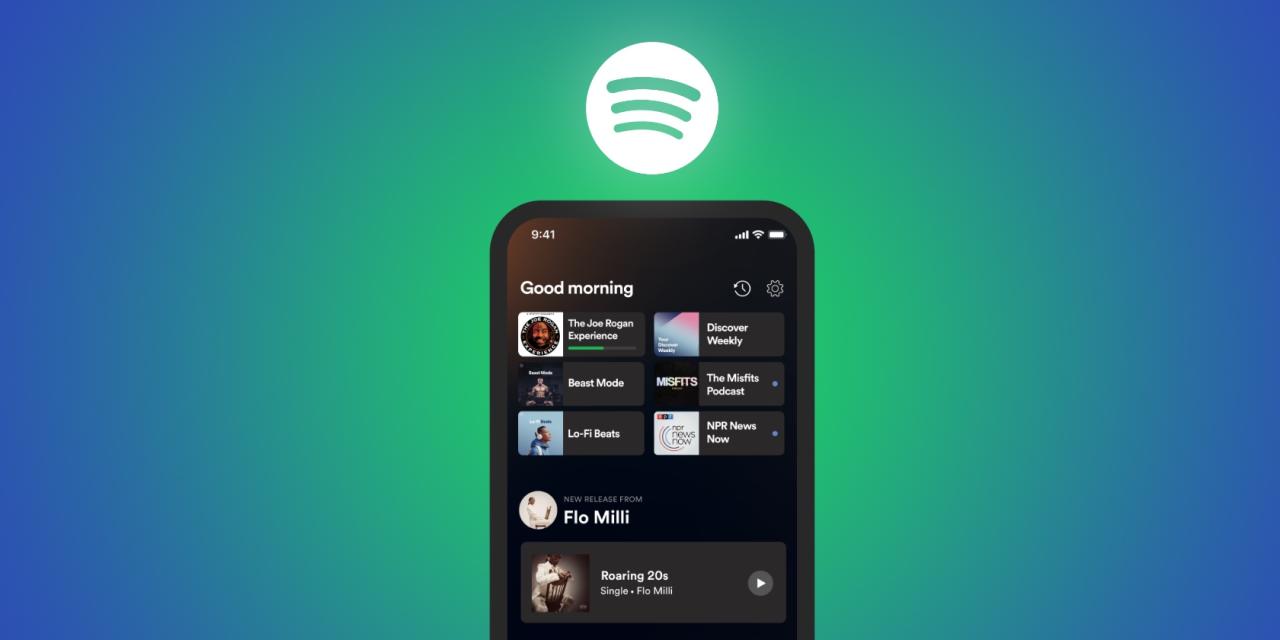 Una ilustración que muestra la aplicación Spotify en iPhone con un Home Hub rediseñado sobre un fondo colorido