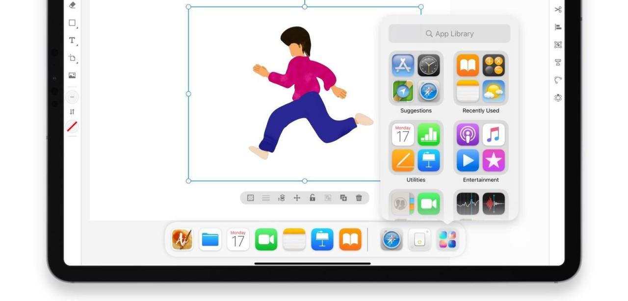 Concepto multitarea de iPadOS de Vidit Bhargava que imagina una biblioteca de aplicaciones en el iPad Dock