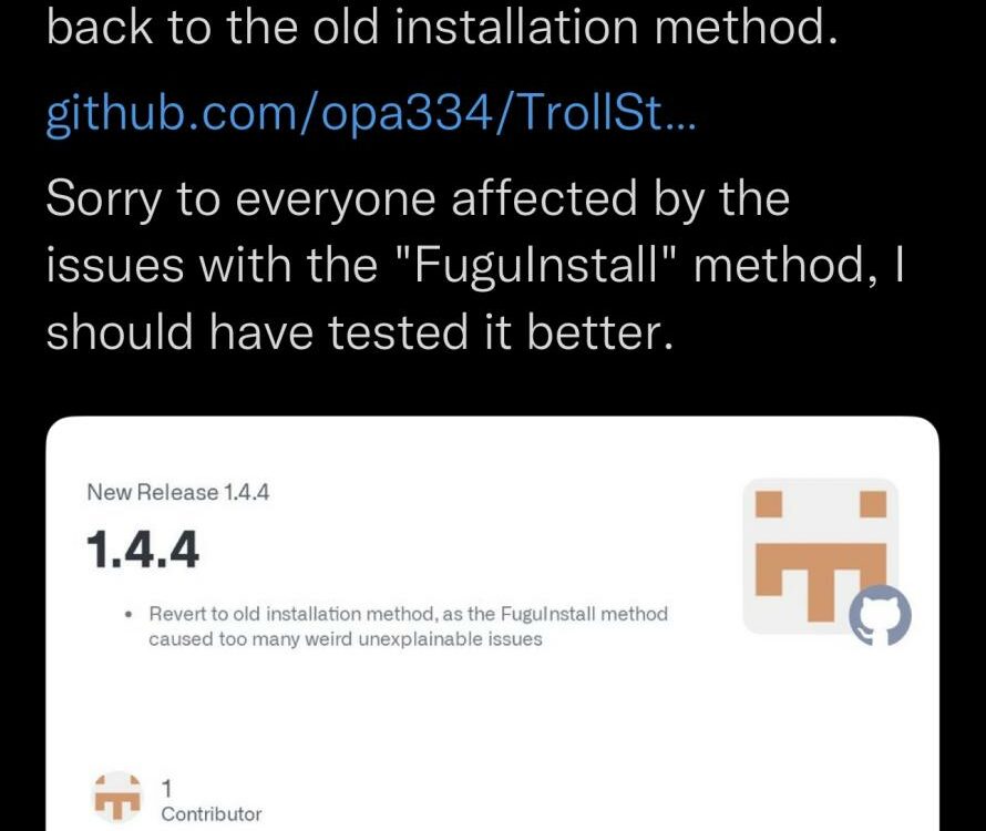 La actualización de la versión 1.4.4 de TrollStore eliminó el método FuguInstall.