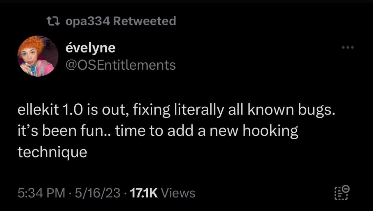 Evelyn anuncia la versión 1.0 de ElleKit para el jailbreak de Dopamine.