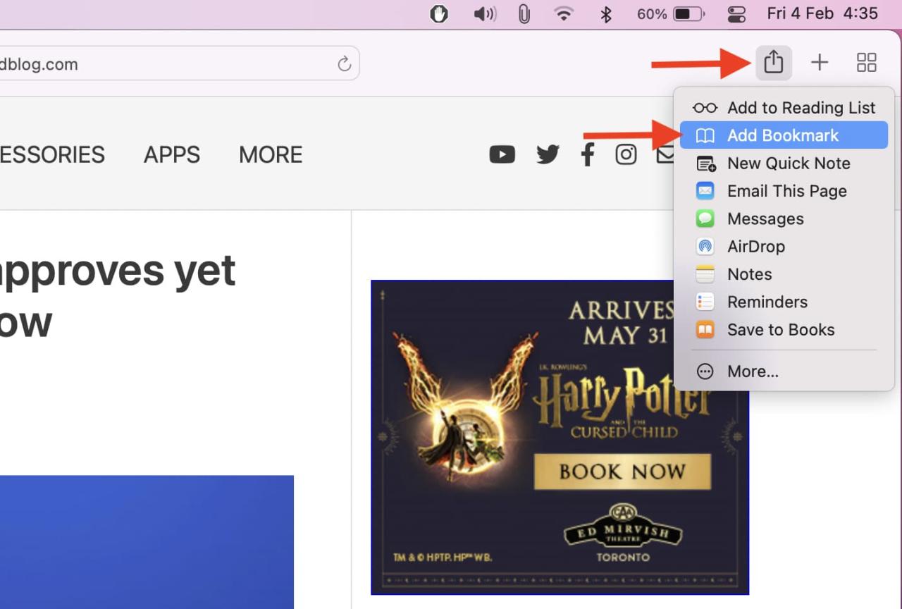 Agregar favorito usando el botón Compartir en Safari en Mac