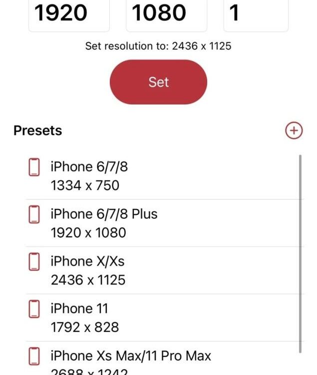 Aplicación Resolution Setter para cambiar la resolución de pantalla del iPhone.