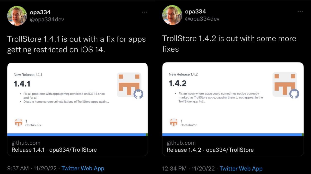 TrollStore versiones 1.4.1 y 1.4.2 lanzadas