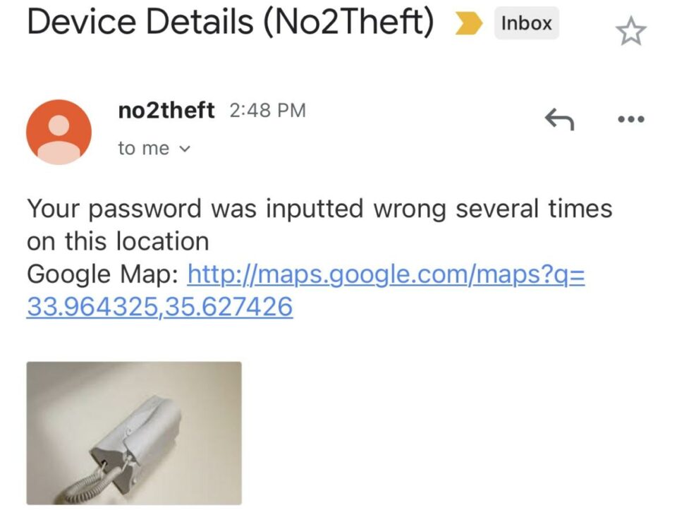 Un correo electrónico que muestra lo que aparece cuando alguien intenta robar tu iPhone habilitado para No2Theft.
