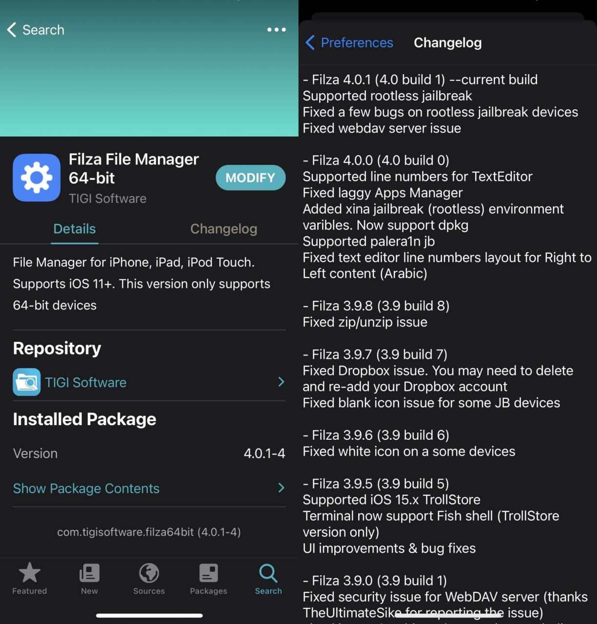 Filza v4.0.1 agrega soporte para jailbreak sin raíz.