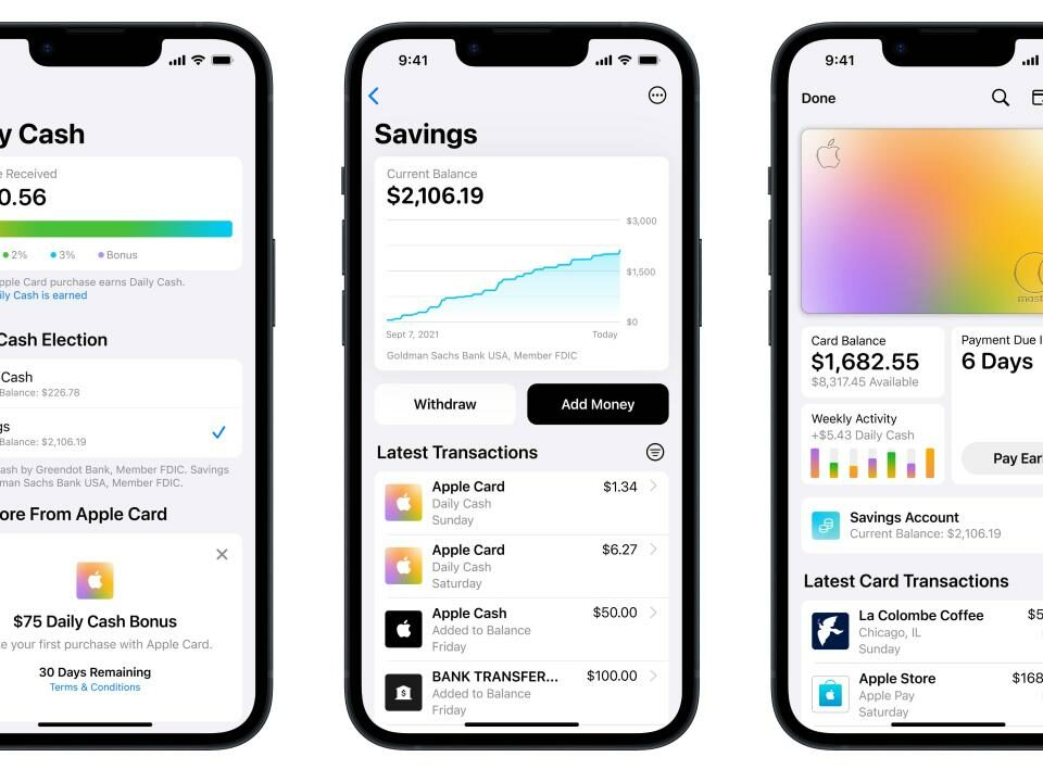 Tres capturas de pantalla de iPhone que muestran la cuenta de ahorros Apple Card en la aplicación Wallet