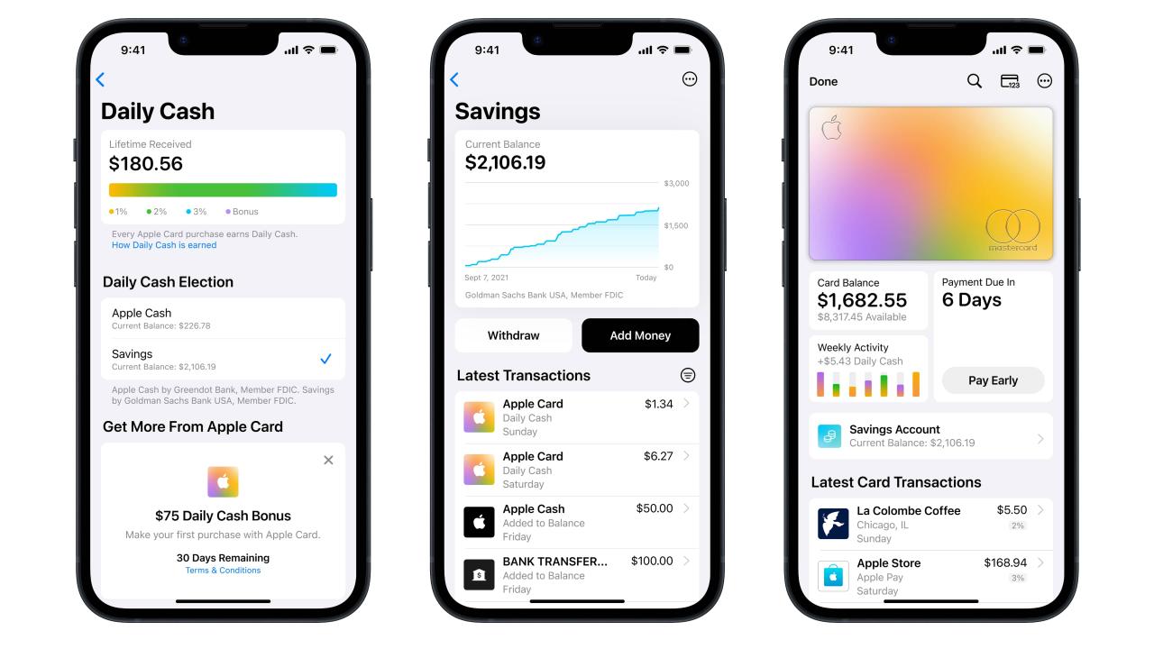 Tres capturas de pantalla de iPhone que muestran la cuenta de ahorros Apple Card en la aplicación Wallet