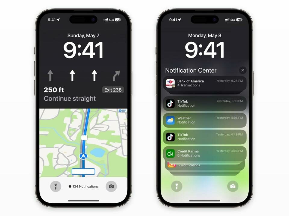 Representaciones que muestran el rumoreado widget de actividad en vivo de Apple Maps de iOS 17 en la pantalla de bloqueo