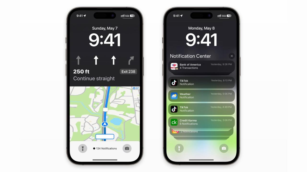Representaciones que muestran el rumoreado widget de actividad en vivo de Apple Maps de iOS 17 en la pantalla de bloqueo