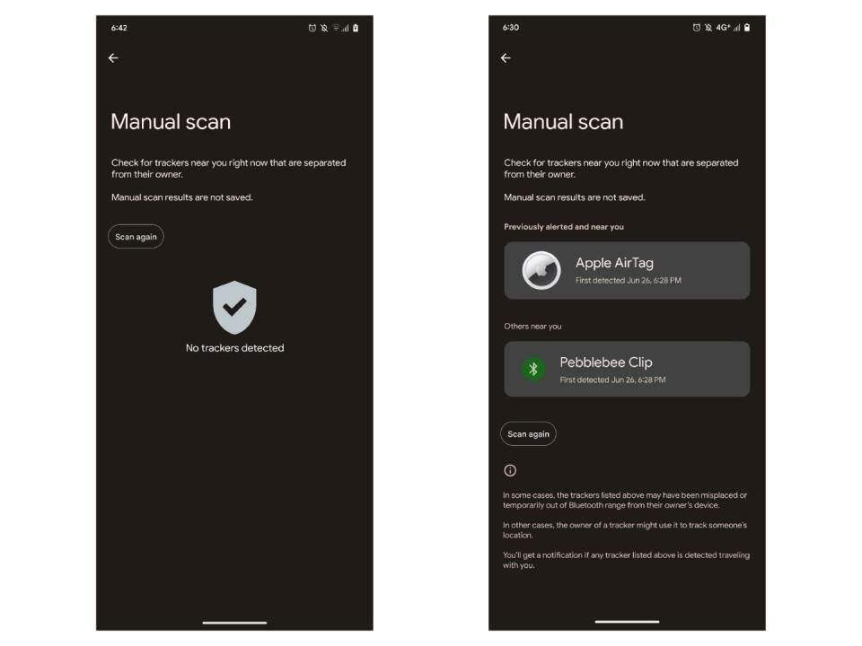 Escaneo manual que muestra un AirTag en la aplicación de seguimiento de Android de Google