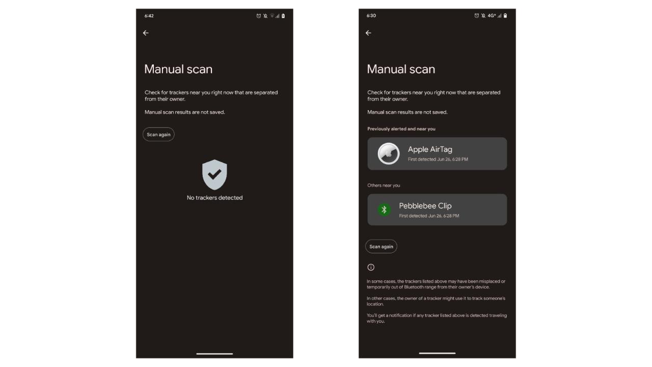 Escaneo manual que muestra un AirTag en la aplicación de seguimiento de Android de Google