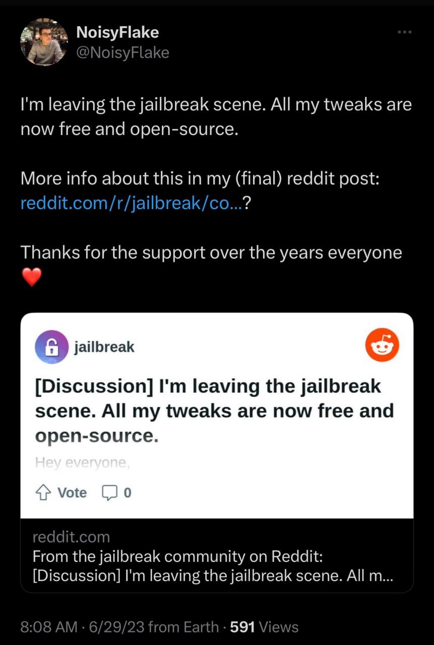 NoisyFlake anuncia la decisión de abandonar la comunidad jailbreak en Twitter.