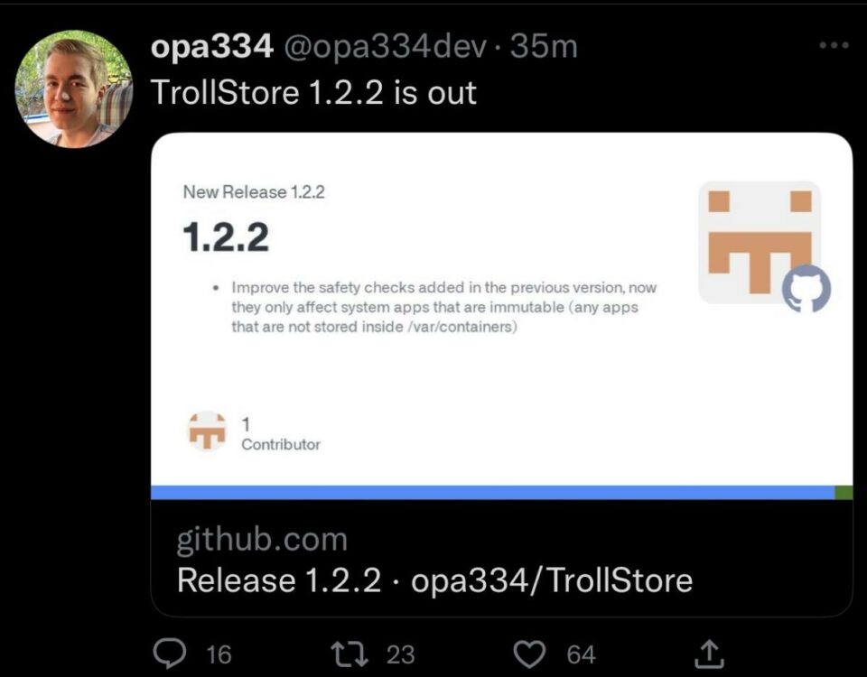 Opa334 anuncia la actualización de TrollStore v1.2.2.