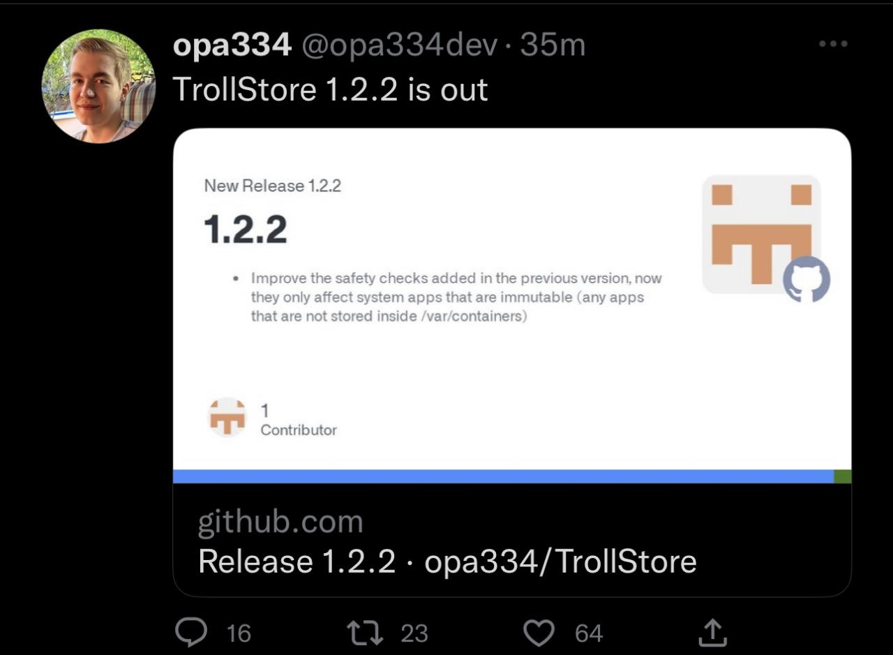 Opa334 anuncia la actualización de TrollStore v1.2.2.