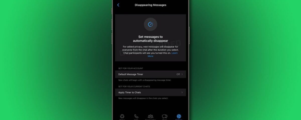 Captura de pantalla de iPhone que muestra las opciones de mensajes que desaparecen de WhatsApp