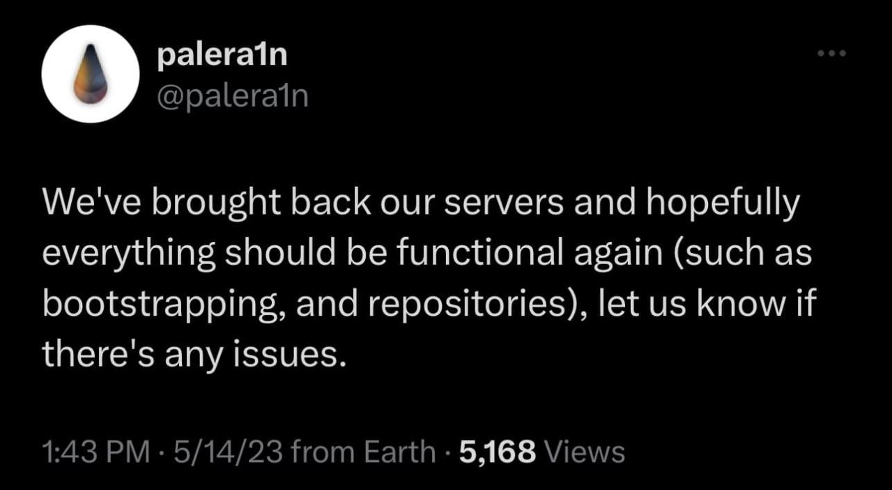 El equipo de palera1n anuncia que su servidor de alojamiento está de vuelta.