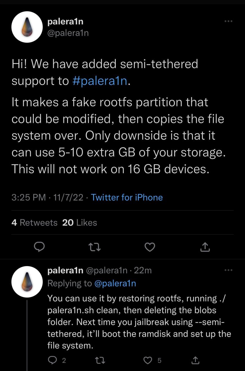 La cuenta de Twitter palera1n anuncia soporte semi-sin ataduras.
